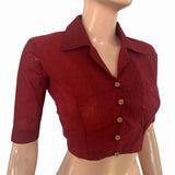 South Cotton Shirt Collar Blouse with Wooden Button Details  , Red- Maroon , BH1325