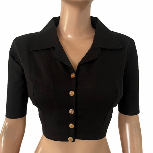 Flex Cotton Shirt Collar Blouse With Wooden Button Details , Black, BH1327