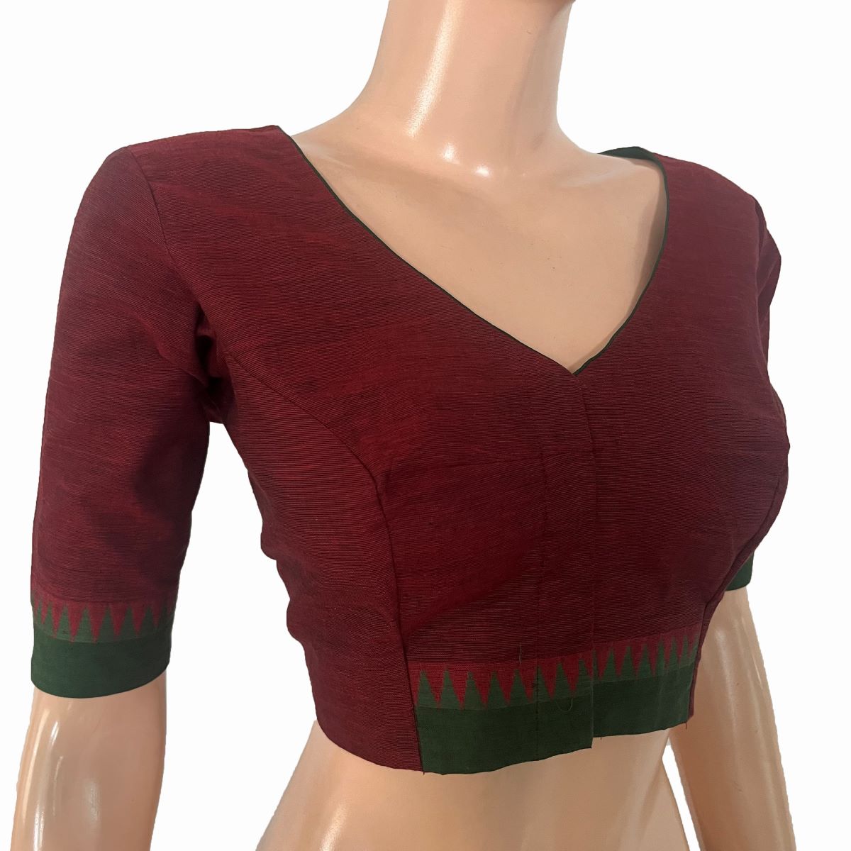 Handloom Mangalgiri Cotton V Neck Blouse with Lining,Maroon , BH1330