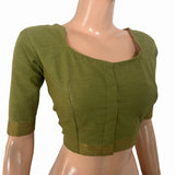 Handloom Mangalgiri Cotton Pot Neck Blouse with Lining, Olive Green , BH1332