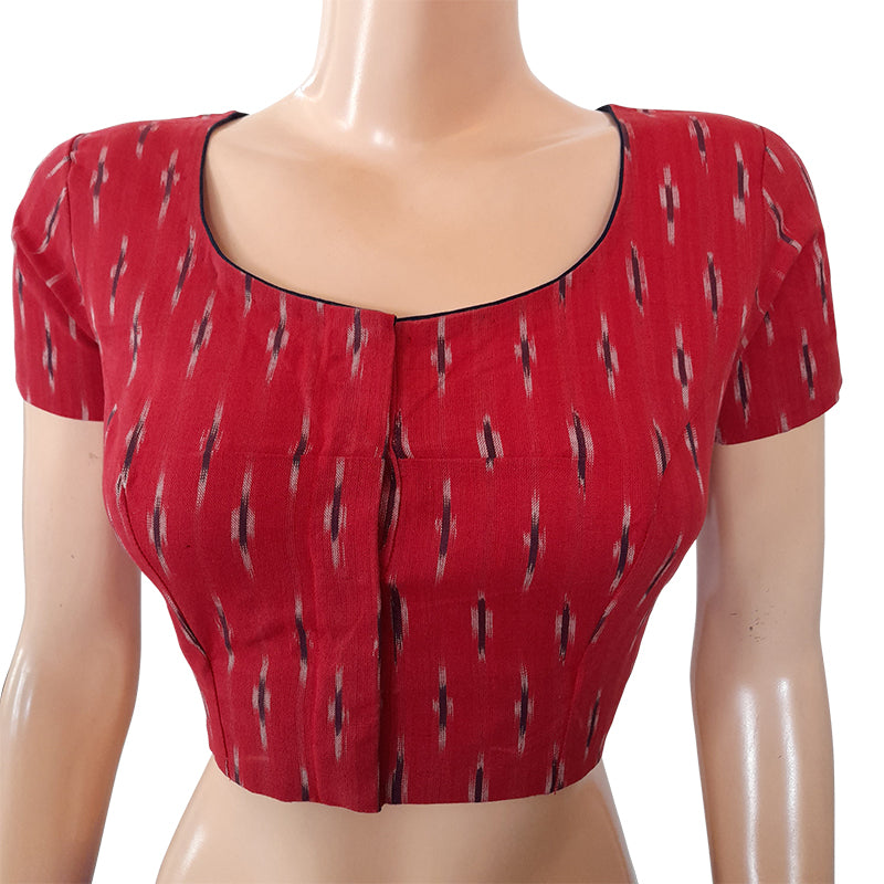 Ikat Cotton Round neck Blouse with Short Sleeves, Red, BI1154