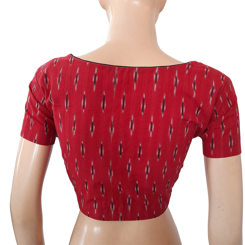 Ikat Cotton Round neck Blouse with Short Sleeves, Red, BI1154