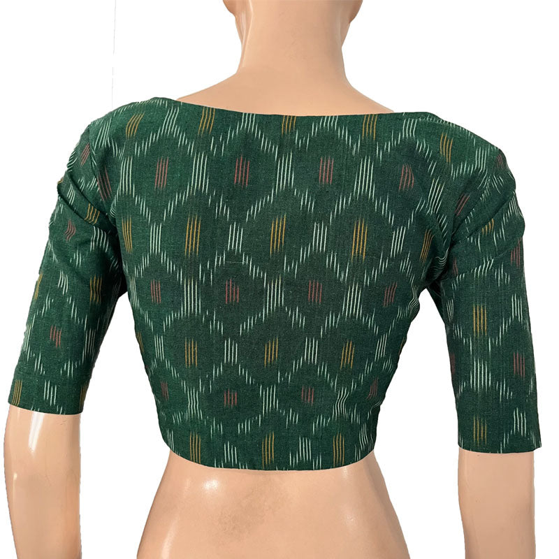 Ikat Cotton Round neck Blouse, Bottle Green, BI1173