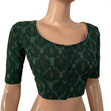 Ikat Cotton Round neck Blouse, Bottle Green, BI1173