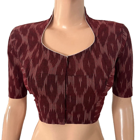 Ikat Cotton High neck Blouse, Brown, BI1174