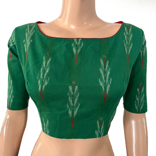 Ikat Cotton Boat neck Blouse with Keyhole Back, Green, BI1175