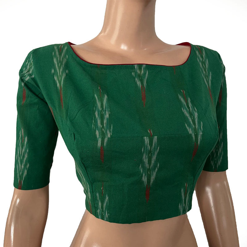 Ikat Cotton Boat neck Blouse with Keyhole Back, Green, BI1175