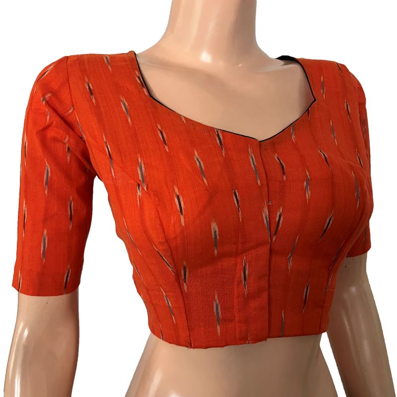 Ikat Cotton Sweetheart neck Blouse, Orange, BI1177