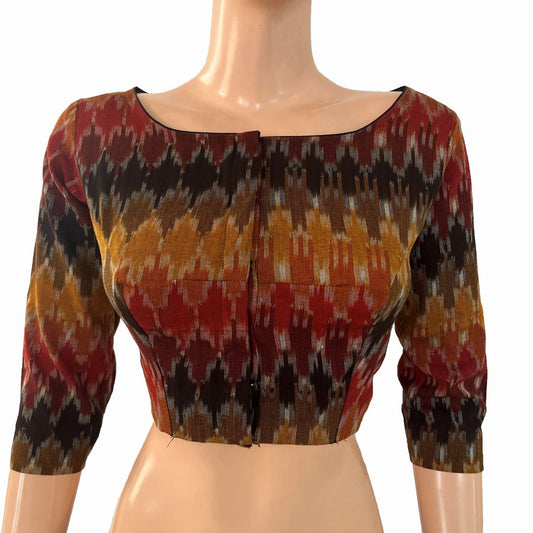 Ikat Cotton Boat  Neck Blouse with 3/4 Sleeves , Multicolor , BI1180