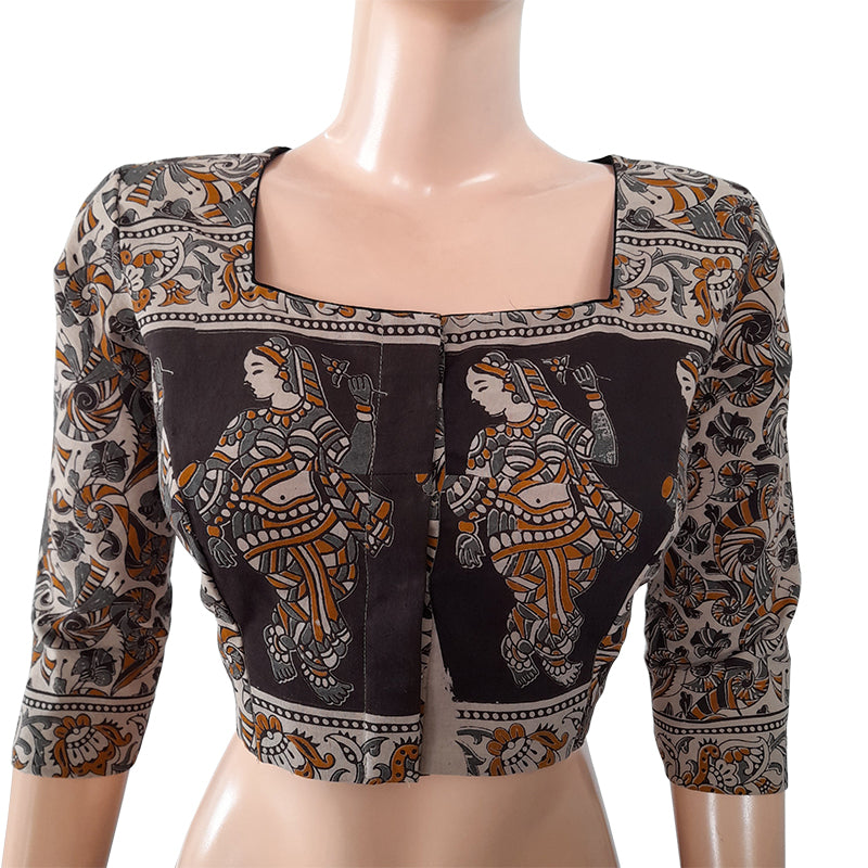 Kalamkari  Mul Cotton  Squareneck  Blouse with Lining,  Black - Grey,  BK1198