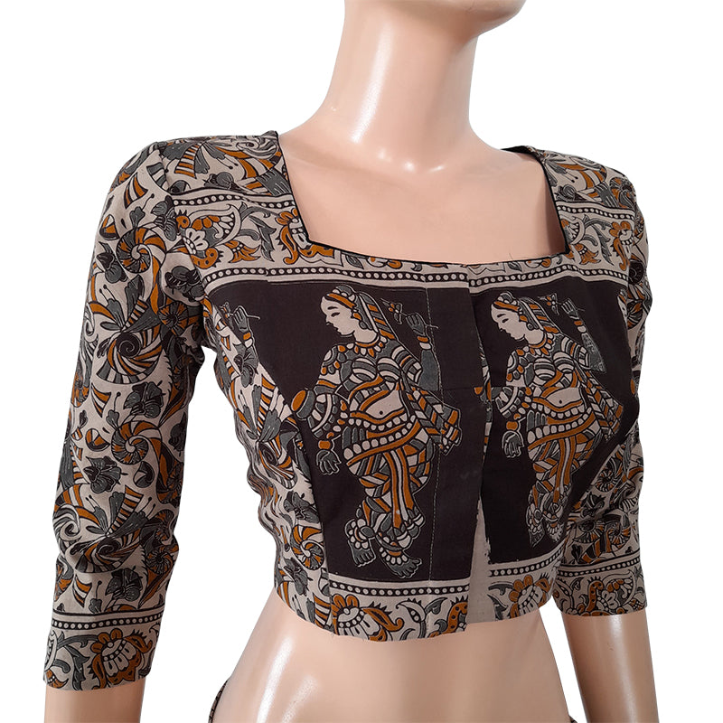 Kalamkari  Mul Cotton  Squareneck  Blouse with Lining,  Black - Grey,  BK1198