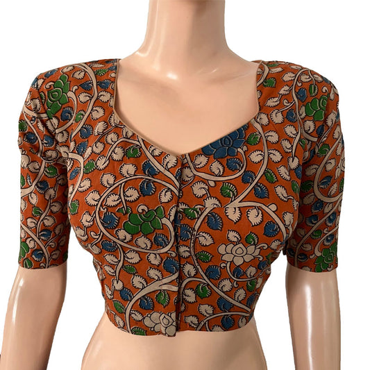 Kalamkari  Cotton  Pot neck Blouse,  Orange,  BK1268