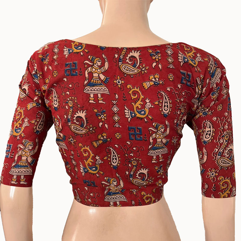 Kalamkari  Cotton  Round neck Blouse,  Red,  BK1275