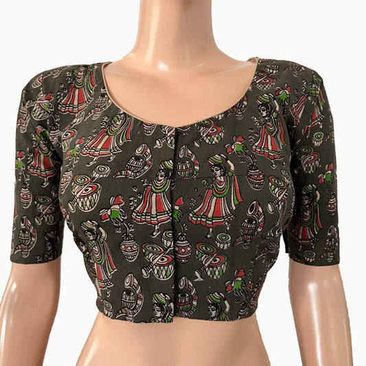 Kalamkari  Cotton  Round neck Blouse,  Green,  BK1276