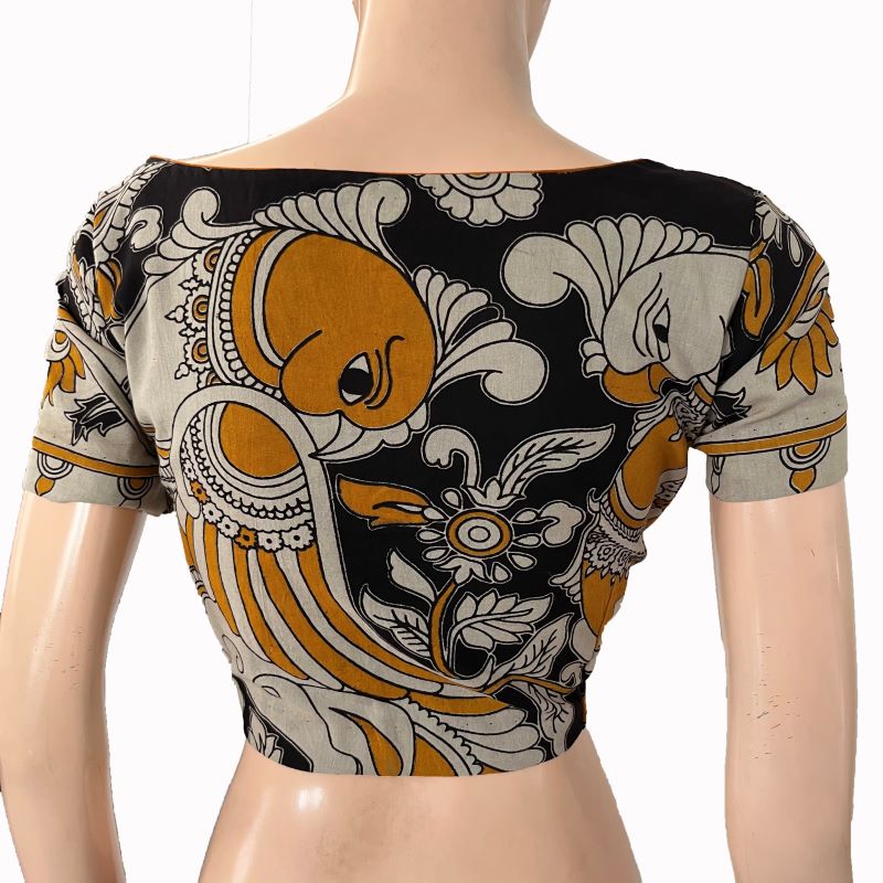 Kalamkari Cotton Boat  neck Blouse with Short Sleeves &  Lining ,Black-Yellow ,  BK1298