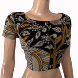 Kalamkari Cotton Boat  neck Blouse with Short Sleeves &  Lining ,Black-Yellow ,  BK1298