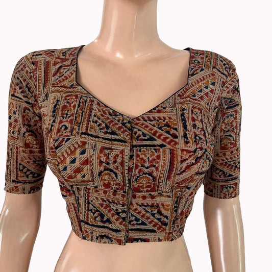 Kalamkari Cotton Sweetheart Neck Blouse ,Maroon - Beige , BK1302