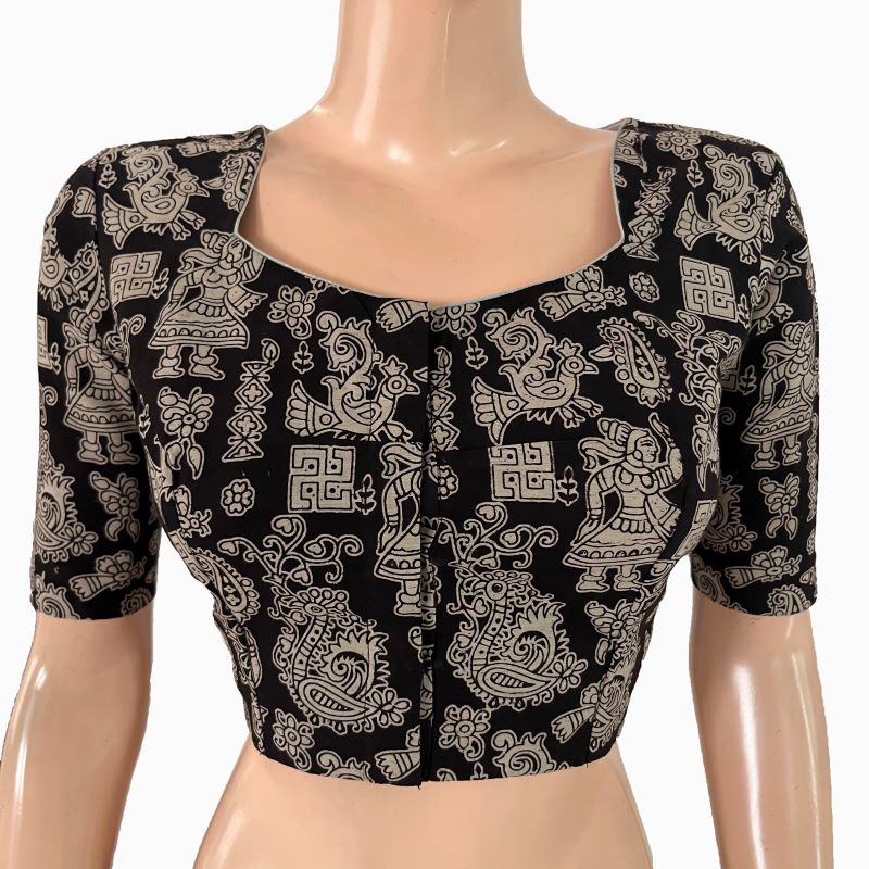 Kalamkari Cotton Pot Neck Blouse ,Black , BK1303