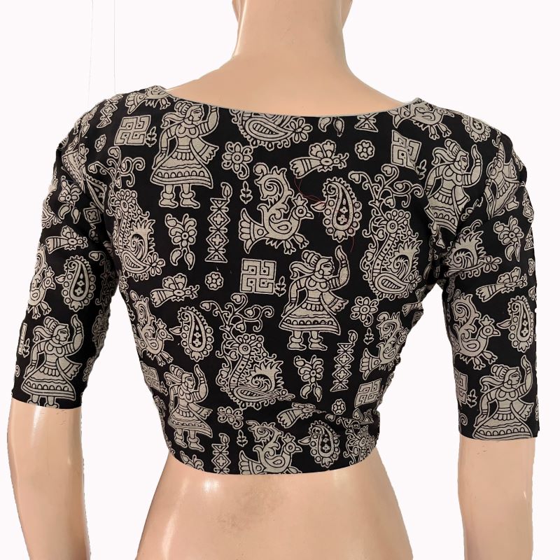 Kalamkari Cotton Pot Neck Blouse ,Black , BK1303