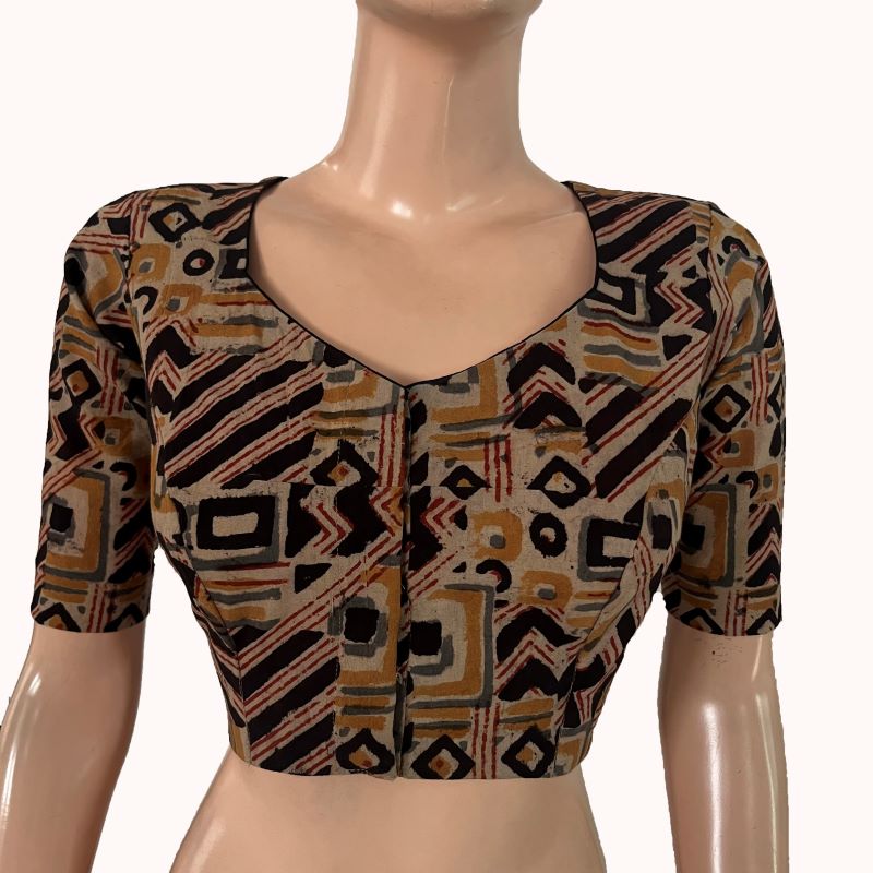 Kalamkari Cotton Sweetheart  Neck Blouse ,Beige - Black , BK1304