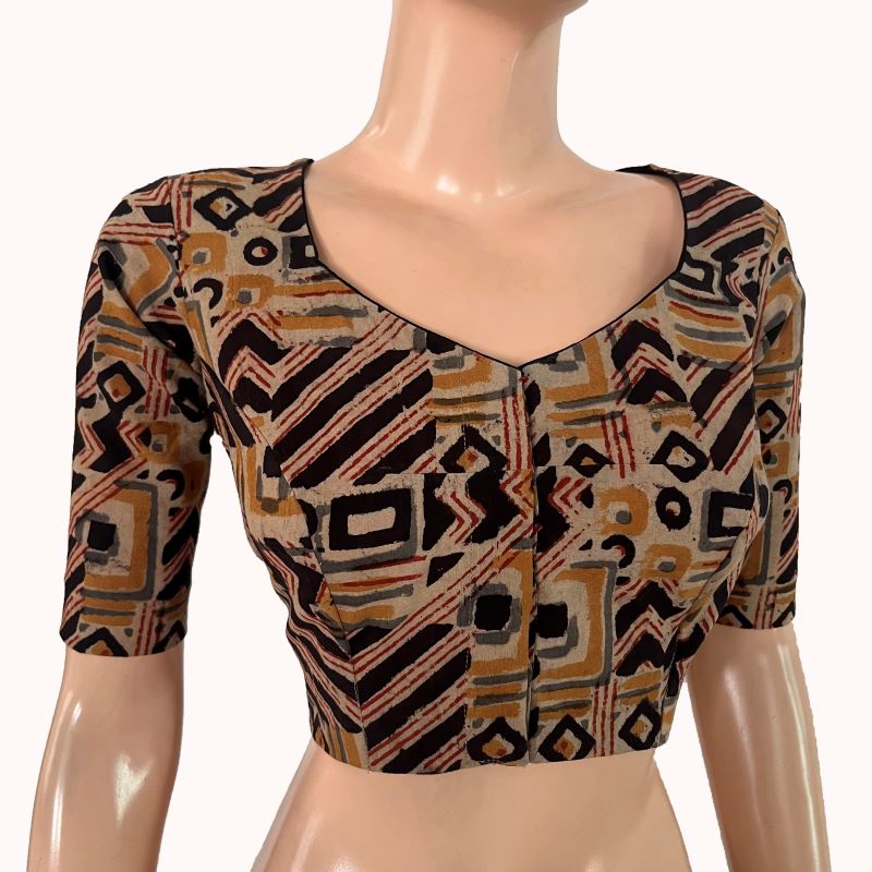 Kalamkari Cotton Sweetheart  Neck Blouse ,Beige - Black , BK1304