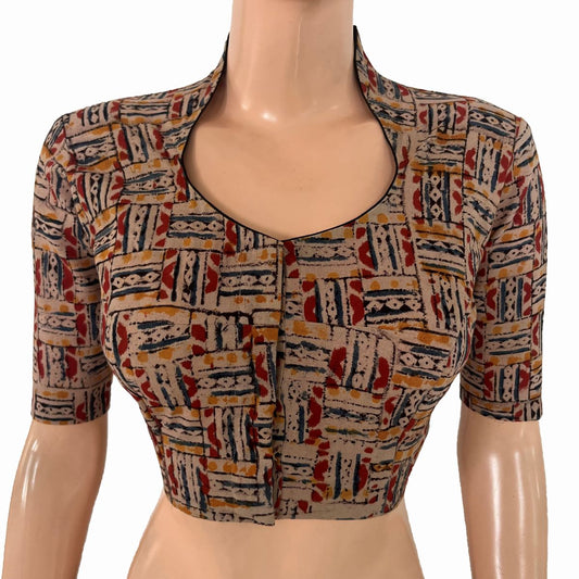 Kalamkari Cotton High Neck Blouse ,Beige - Maroon , BK1309