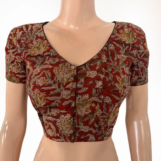 Kalamkari Cotton V Neck Blouse with Short Sleeves ,Beige - Maroon , BK1310