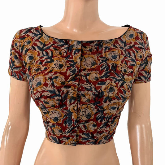 Kalamkari Cotton Boat Neck Blouse with Short Sleeves ,Multicolor, BK1311