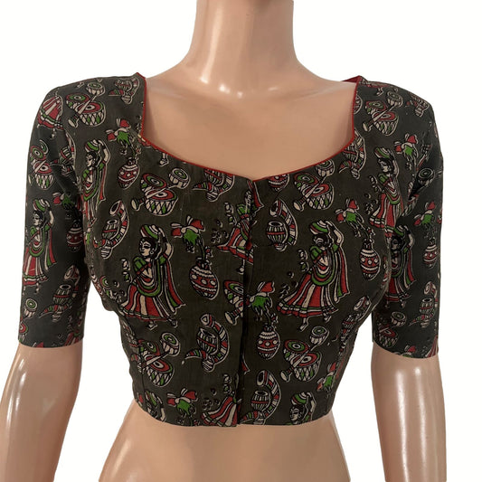 Kalamkari Cotton Pot Neck Blouse ,Olive Green, BK1316