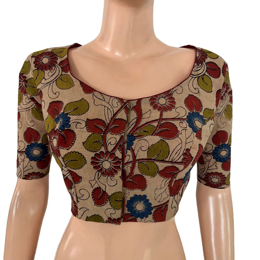 Kalamkari Cotton Round Neck Blouse ,Beige, BK1313