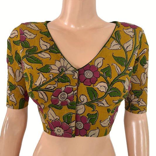 Kalamkari Cotton V Neck Blouse ,Yellow, BK1314