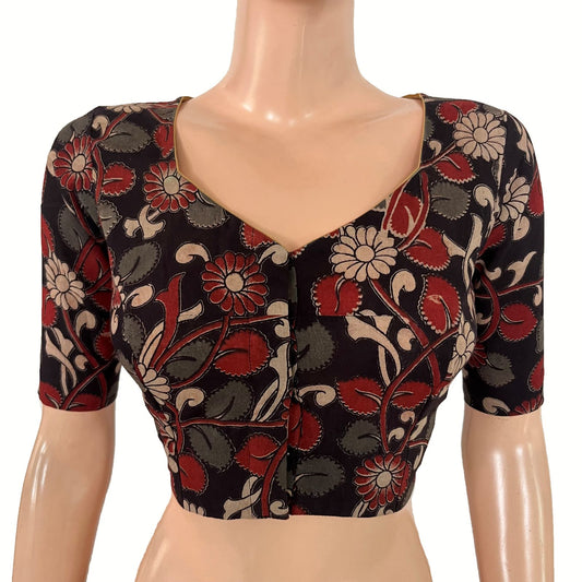 Kalamkari Cotton Sweetheart Neck Blouse ,Black, BK1315