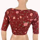 Silk Cotton Embroidered V Neck Blouse with Lining , Maroon , BL1001