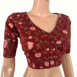 Silk Cotton Embroidered V Neck Blouse with Lining , Maroon , BL1001