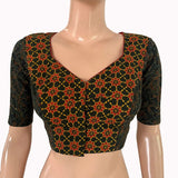 Ajrakh Cotton Sweetheart Neck Blouse, Bottle green- Orange, BL1009