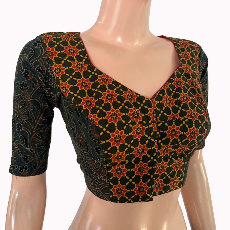 Ajrakh Cotton Sweetheart Neck Blouse, Bottle green- Orange, BL1009