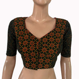 Ajrakh Cotton Sweetheart Neck Blouse, Bottle green- Orange, BL1009