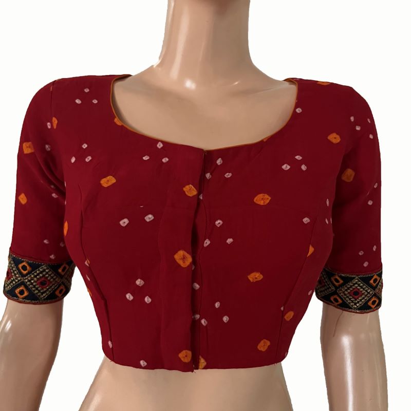 Bandhani Tie-Dye Round neck Blouse with Lining & Embroided lace border,  Red, BP1123