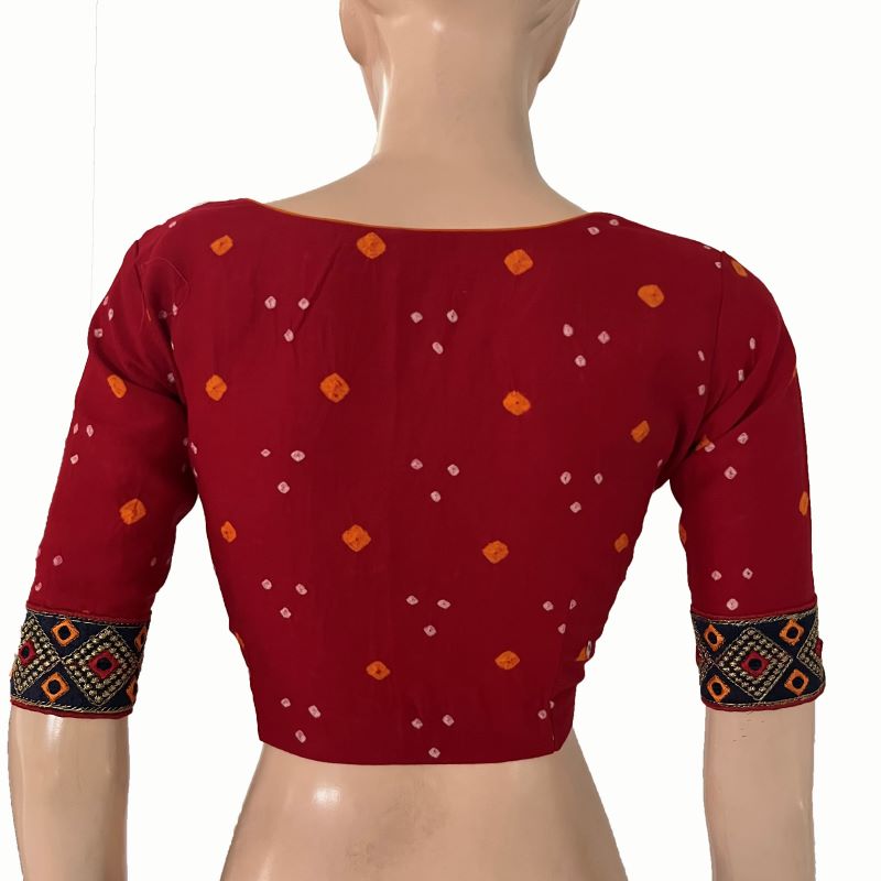 Bandhani Tie-Dye Round neck Blouse with Lining & Embroided lace border,  Red, BP1123