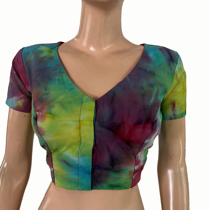 Shibori Cotton  V Neck Blouse with Short Sleeves, Multicolor, BP1125