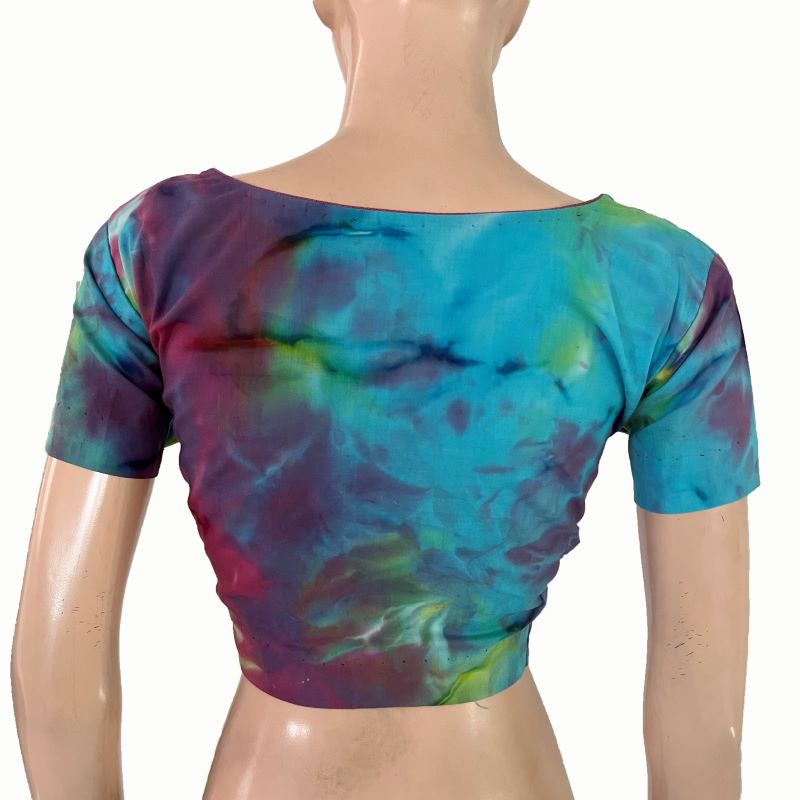 Shibori Cotton  V Neck Blouse with Short Sleeves, Multicolor, BP1125