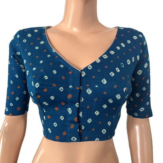 Bandhani Cotton V neck Blouse, Iris Blue, BP1200