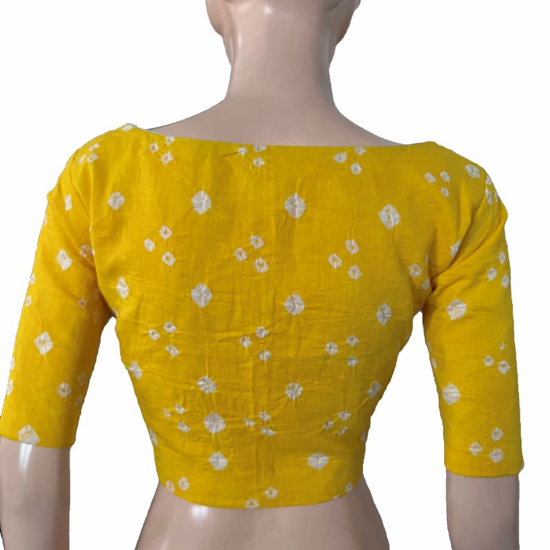 Bandhani Cotton Boat neck Blouse with Lining , Yellow, BP1202