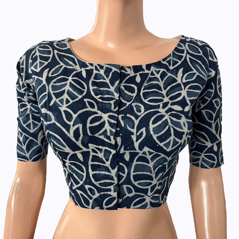 Printed Cotton Boat neck Blouse, Indigo Blue, BP1208