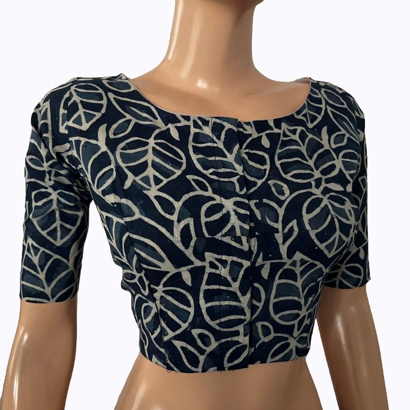 Printed Cotton Boat neck Blouse, Indigo Blue, BP1208