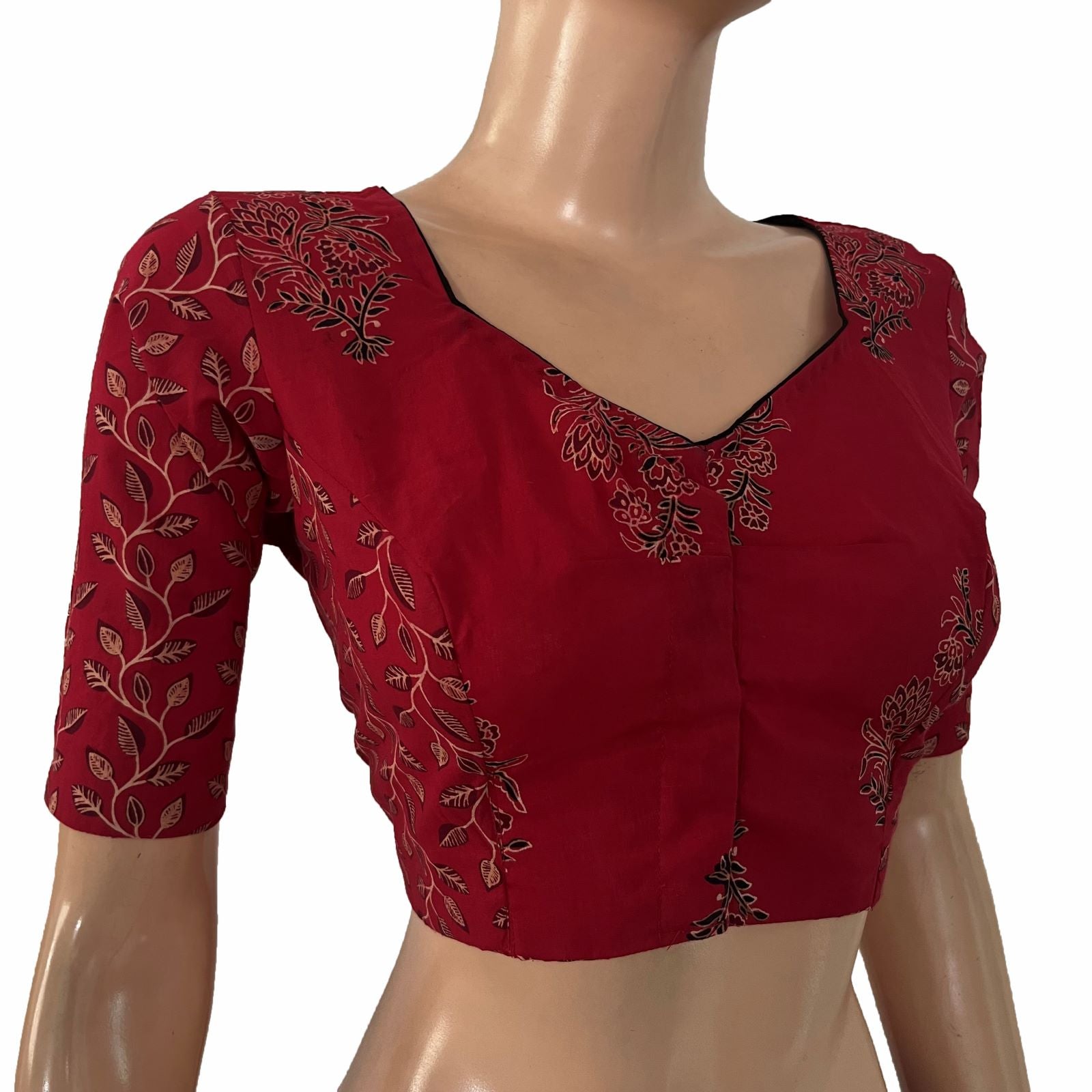 Soft Cotton Hand Block Printed Blouse with Sweetheart Neck , Majentha, BP1214