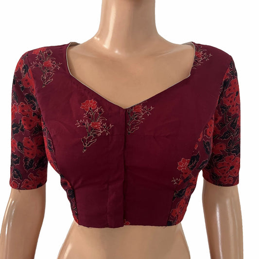 Soft Cotton Hand Block Printed Blouse with Sweetheart Neck , Maroon, BP1215