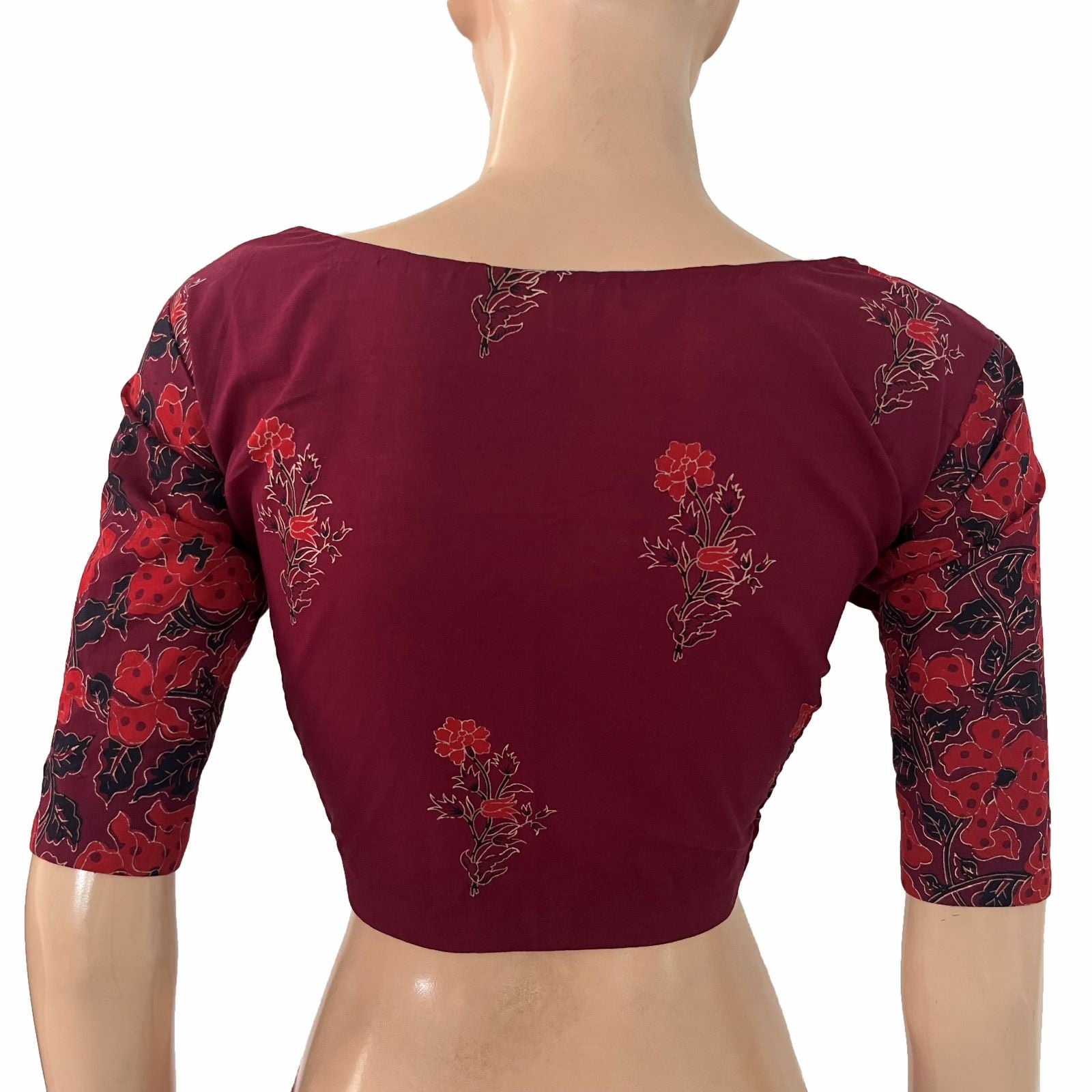 Soft Cotton Hand Block Printed Blouse with Sweetheart Neck , Maroon, BP1215