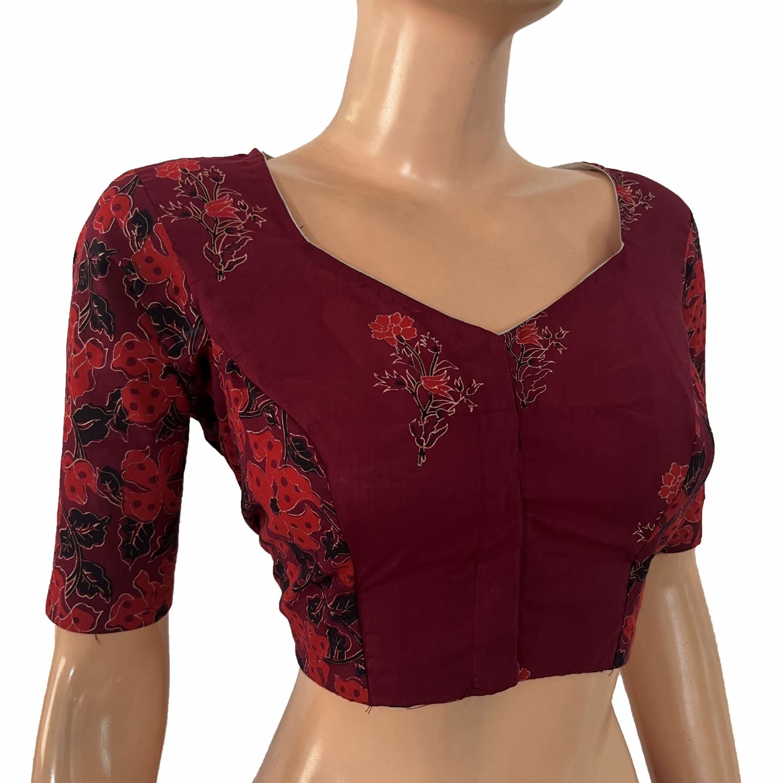 Soft Cotton Hand Block Printed Blouse with Sweetheart Neck , Maroon, BP1215