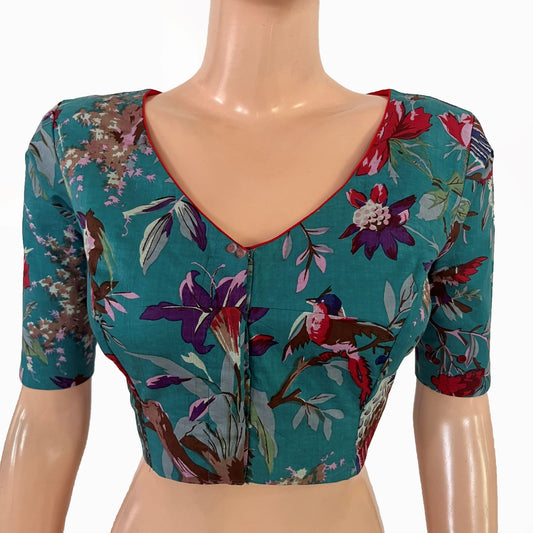 Printed Cotton V Neck Blouse ,Teal Blue, BP1219